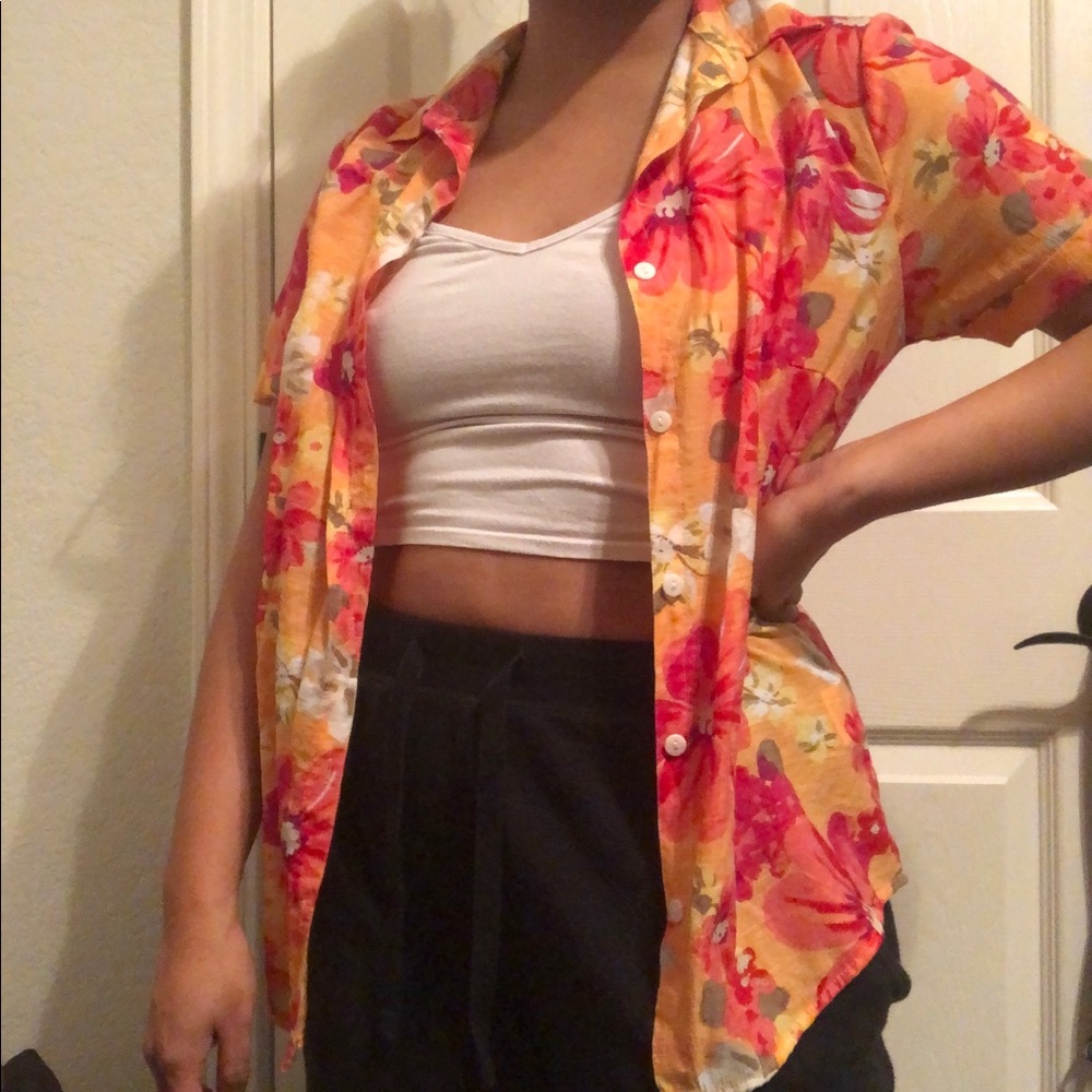 Orange floral hibiscus hawaiian button up shirt